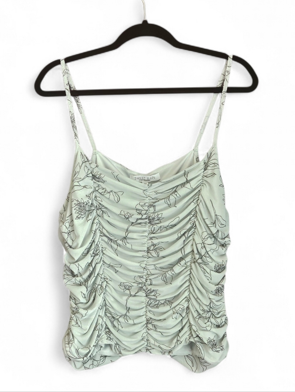 ​Sweet Rain Floral Ruched Mesh Cami Top - Sage Green & Black - Size 2X